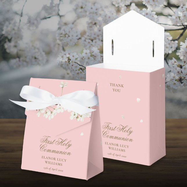 Ballotins Première Sainte Communion Fleur Blanche Florale Ro (First Holy Communion White Blossom Floral Pink Favor Boxes)