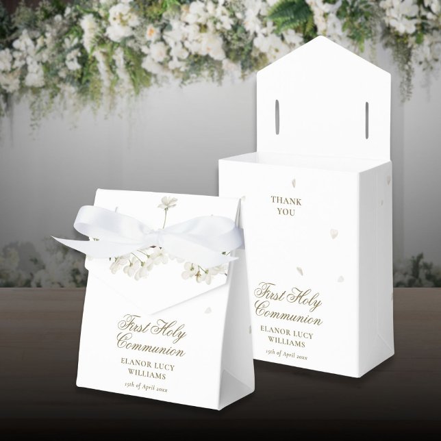 Ballotins Première Sainte Communion Fleur de Blanche Florale (First Holy Communion White Blossom Floral Favor Boxes)