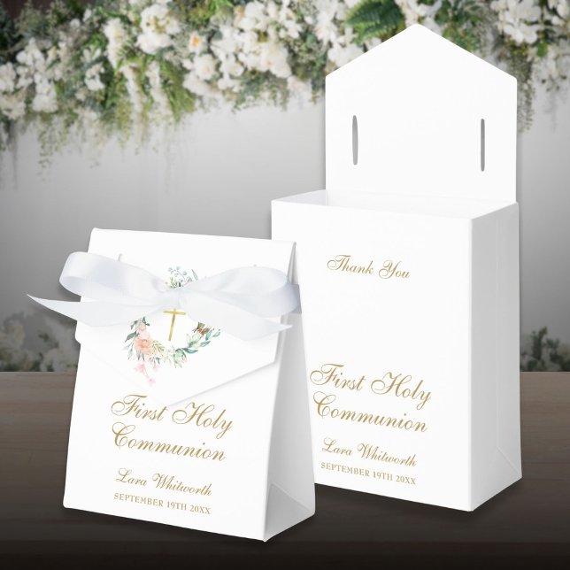 Ballotins Première Sainte Communion Roses Floral Garland (First Holy Communion Roses Floral Garland Favor Boxes)