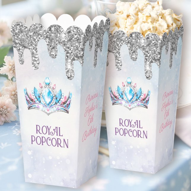 Ballotins Princess Crown Parties scintillant Argent Annivers (Princess Crown Silver Glitter Birthday Popcorn Favor Boxes)