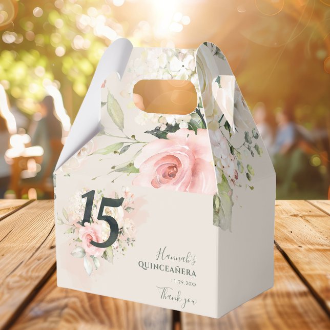 Ballotins Quinceanera florale rose verdure 15e anniversaire (Pink Floral 15th Birthday Party Favor Box)