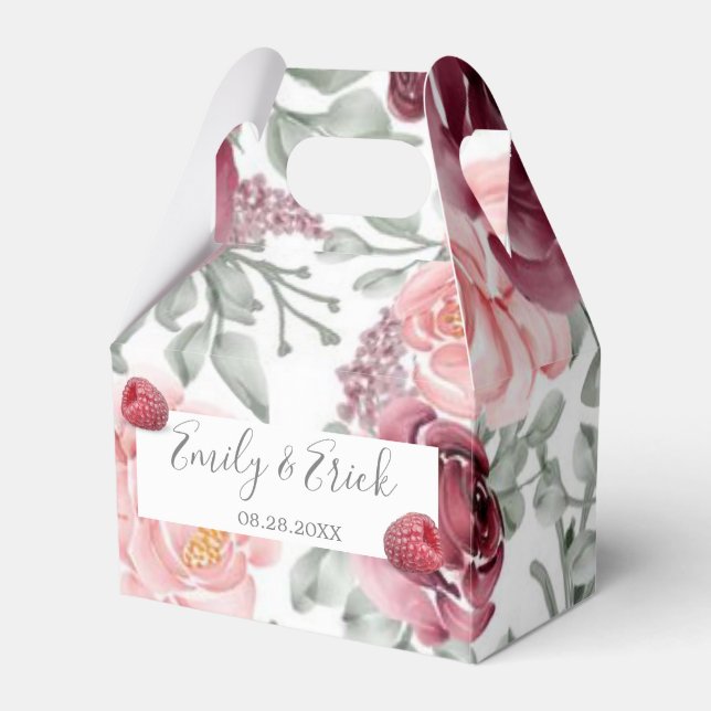 Ballotins Raspberry Rose Aquarelle Boîte de mariage Favor (Verso)