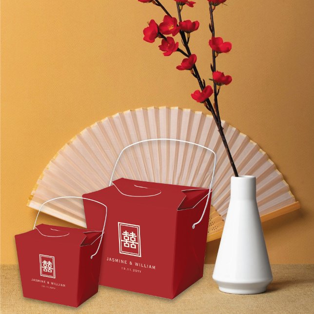 Ballotins Rectangle classique Double Bonheur Mariage chinois (Ivory/Red Classic Rectangle Double Happiness Chinese Wedding Party Favor Boxes @ fatfatin_red_knot)