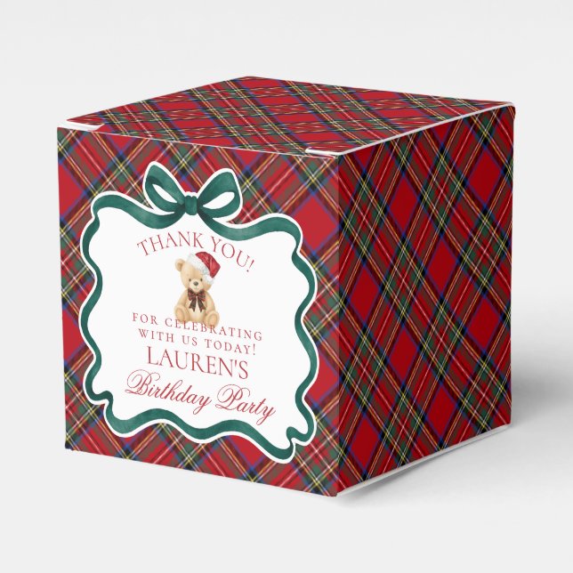 Ballotins Red Tartan Plaid Christmas Bear Birthday Favor Box (Verso)