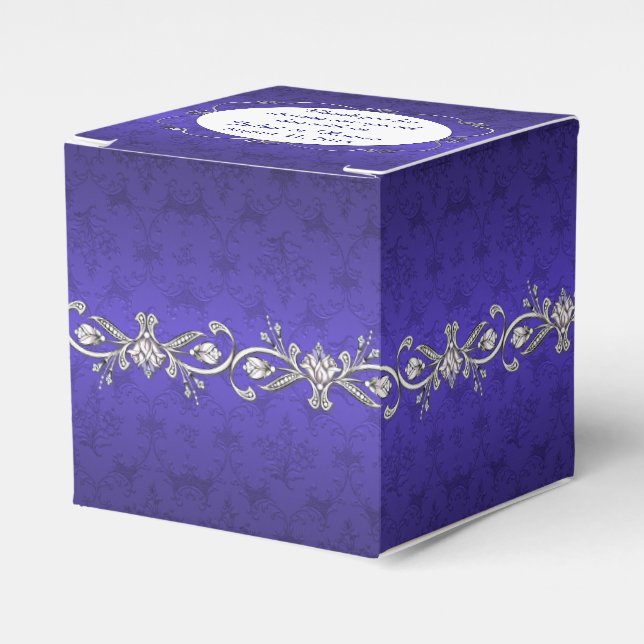 Ballotins Regency Blue Damask Custom Wedding Favor Boîte Cad (Verso)