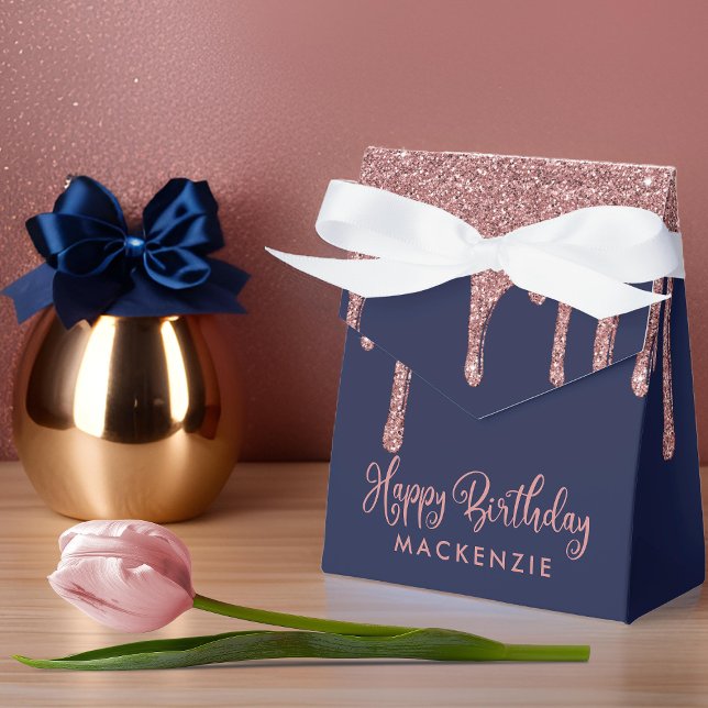 Ballotins Rose bleu de la marine Parties scintillant étincel (Navy Blue Rose Gold Sparkle Glitter Drips Birthday Favor Boxes)