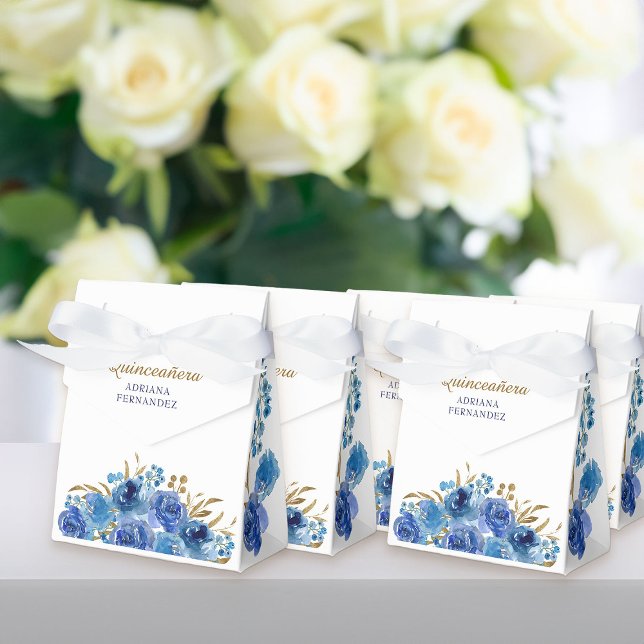 Ballotins Rose bleu et feuille d'or personnalisé Floral (Blue rose floral favor boxes from my Rose and Gold Leaf quinceanera collection)