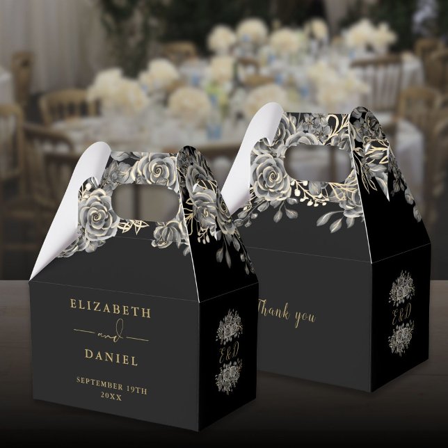 Ballotins Rose gothique noir et or Floral Mariage (Gothic Black And Gold Floral Rose Monogram Wedding Favor Boxes)