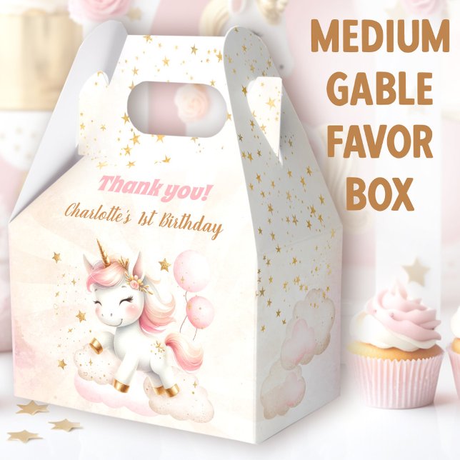Ballotins Rose mignon Happy Unicorn Girl Birthday Medium (Cute Unicorn Medium Gable Favor Boxes - You can choose from 3 sizes of these gable favor boxes)