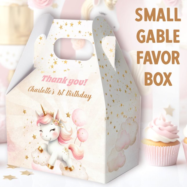 Ballotins Rose mignon Joyeux Unicorn fille 1er anniversaire (Cute Unicorn Small Gable Favor Boxes - You can choose from 3 sizes of these gable favor boxes)