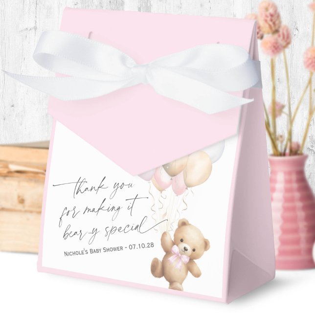 Ballotins rose moderne calligraphie Bearly wait Douche (We Can Bearly Wait, Pink Baby Boy Shower Favor Box.)