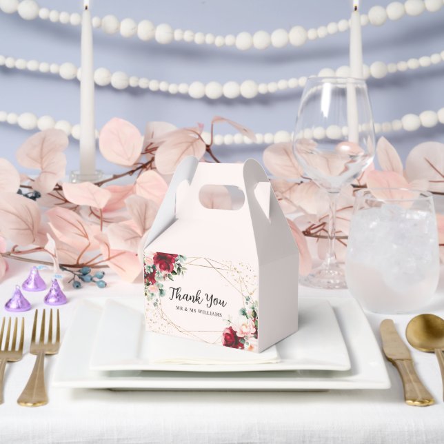 Ballotins Rose Rouge & Fleurs Aquarelle Dorées (Mariage)