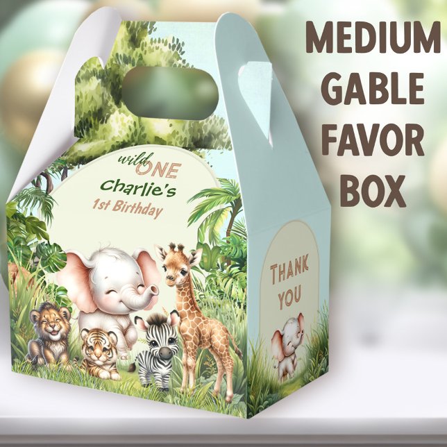 Ballotins Safari Jungle Cute Wild Un 1er Anniversaire Moyen (Wild One Safari Medium Gable Favor Boxes - You can choose from 3 sizes of these gable favor boxes)