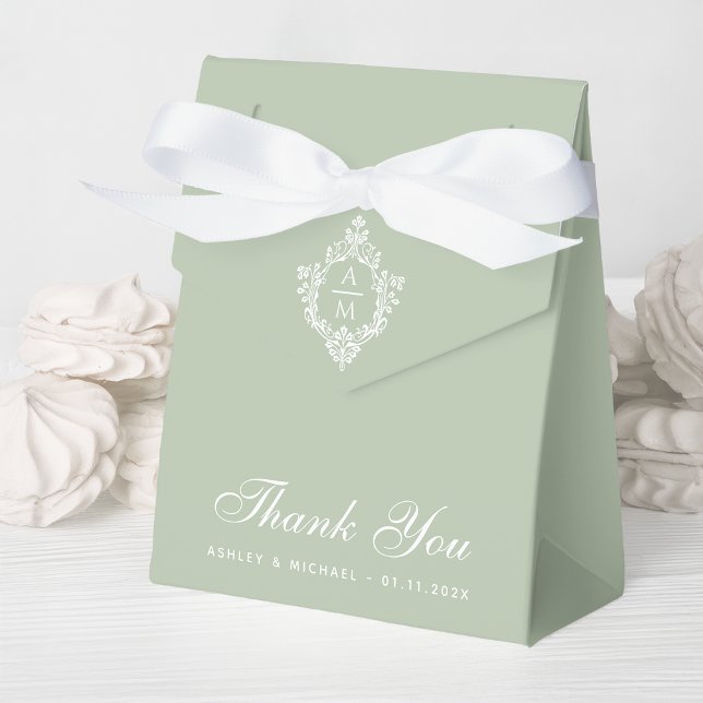 Ballotins Sage Green Mariage Monogramme Crest Merci Script (Créateur téléchargé)