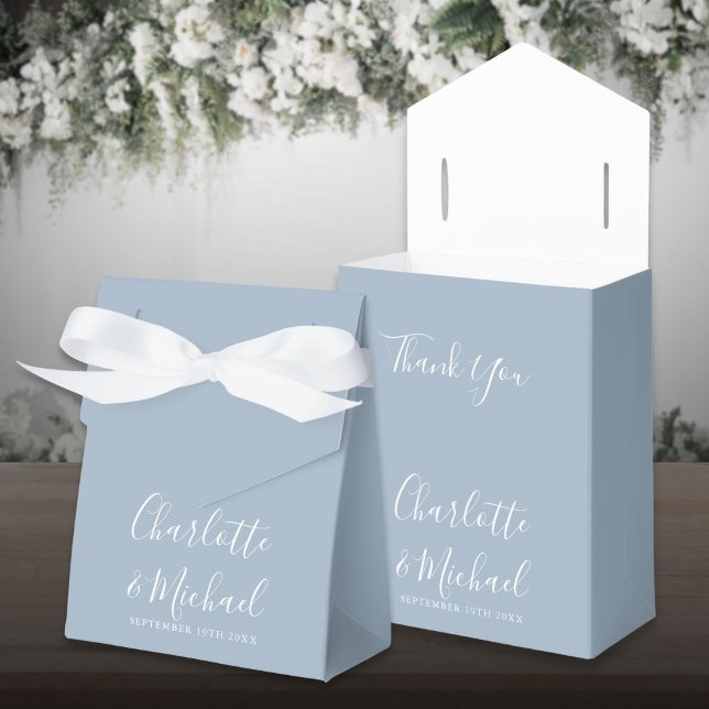 Ballotins Script de signature Bleu Poussiéreux Mariage Éléga (Signature Script Dusty Blue Elegant Wedding Favor Boxes)