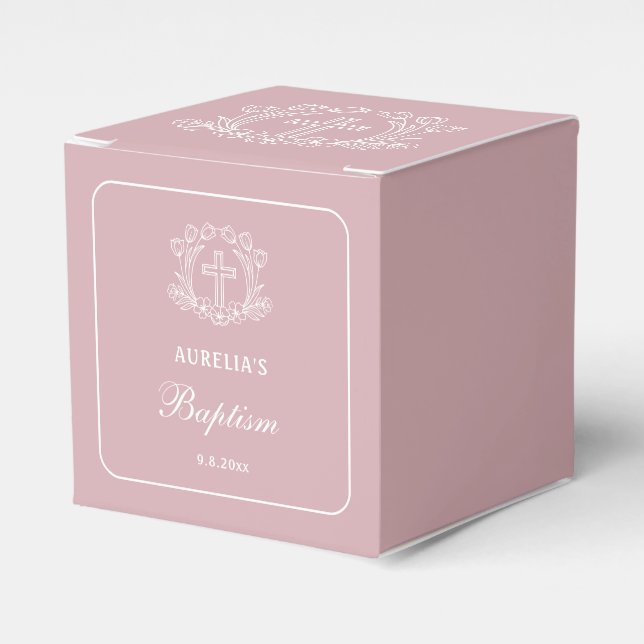 Ballotins Simple Croix Florale sur Cube de Baptême Rose (Verso)
