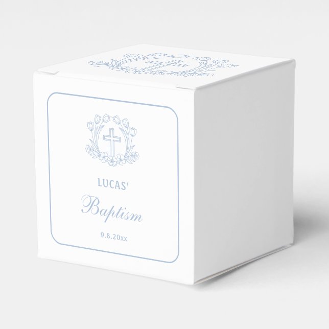 Ballotins Simple Floral Croix Bleue Baptême Cube (Verso)