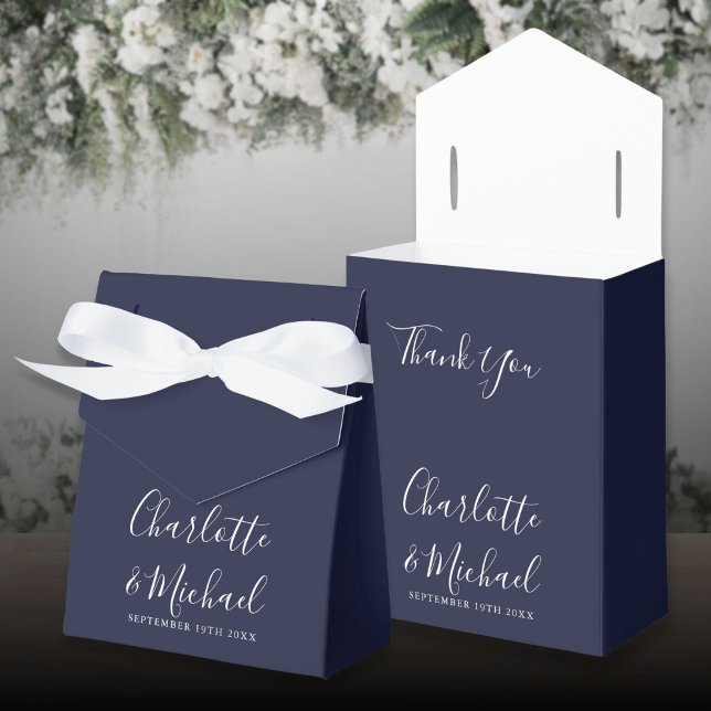 Ballotins Simple Mariage Signature Script Bleu Nuit (Simple Navy Blue Signature Script Wedding Favor Boxes)