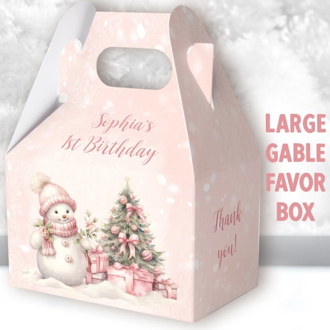 Ballotins Snowman Girl rose Noël 1er anniversaire grand (Snowman Birthday Large Gable Favor Boxes - You can choose from 3 sizes of these gable favor boxes)