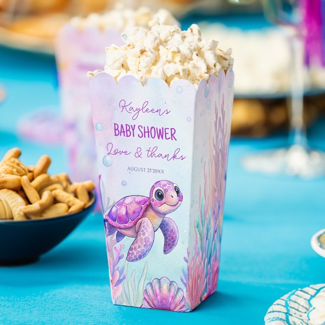 Ballotins Sous la tortue de mer violet baby showers filles (Under the sea cute pink purple turtle girls baby shower personalized popcorn favor boxes)