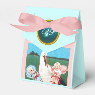 BALLOTINS STORK TWIN BABY SHOWER BLUE GEM STONE MONOGRAMME