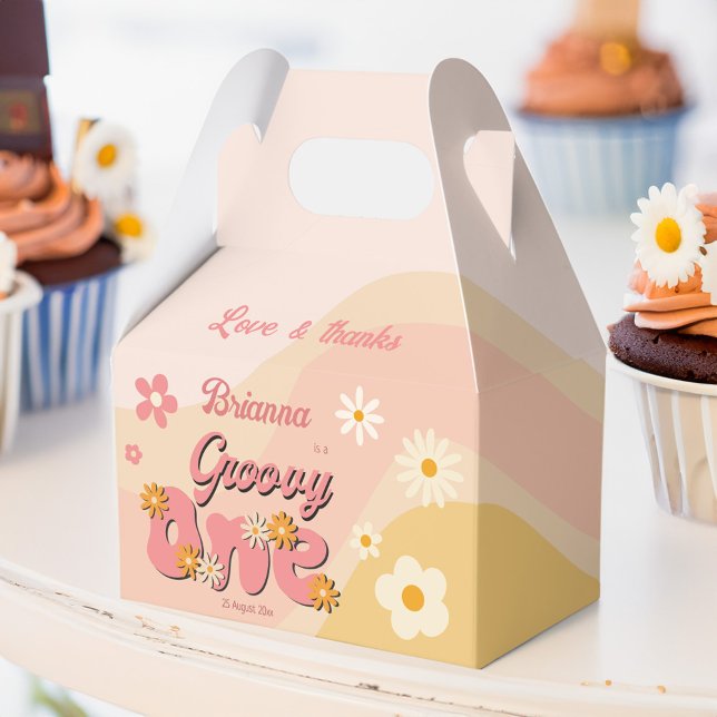 Ballotins Super une marguerite rétro 1er anniversaire imprim (Groovy one retro daisy 1st birthday party personalized printed favor boxes hippie daisy party favors)