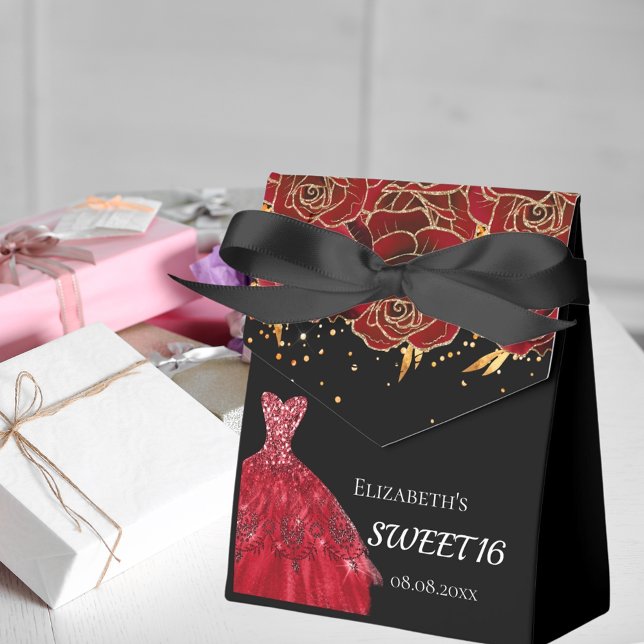 Ballotins Sweet 16 fleurs de robe rouge noire merci (Créateur téléchargé)