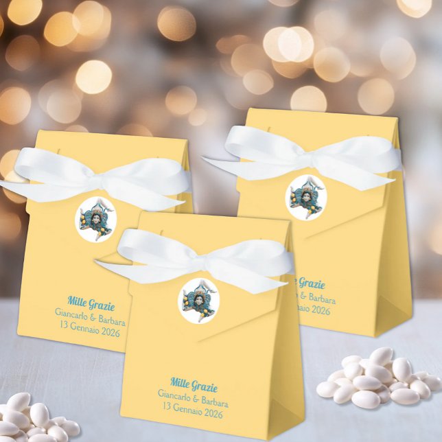 Ballotins Symbole de la Sicile Trinacria Méduse Jaune Sicili (Trinacria Symbol of Sicily Yellow Tent Favor Box for Italian Sicilian Weddings)