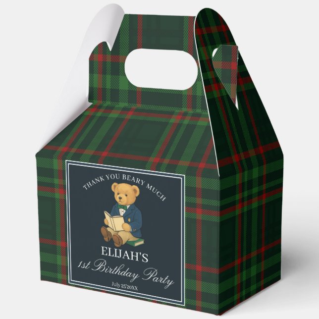 Ballotins Teddy bear party favors green plaid personalized (Recto)
