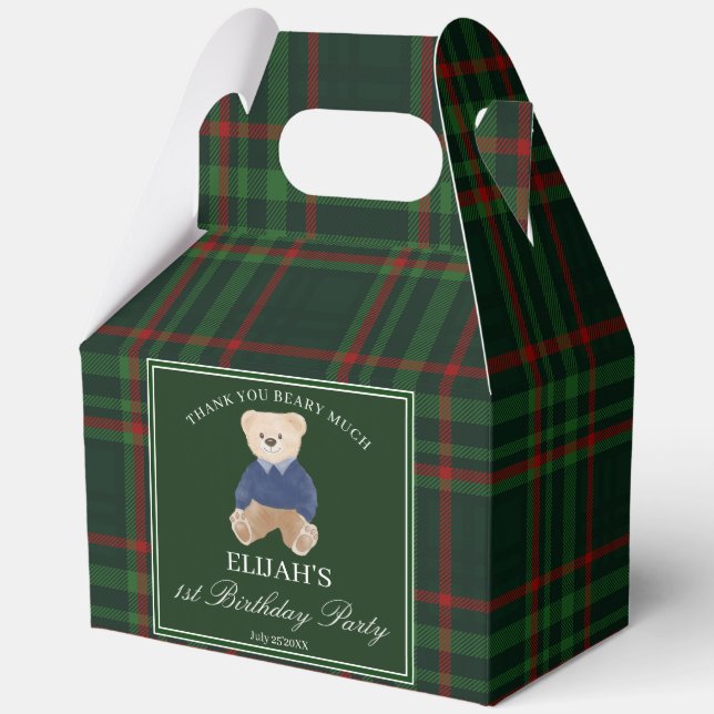 Ballotins Teddy bear party favors green plaid personalized (Recto)