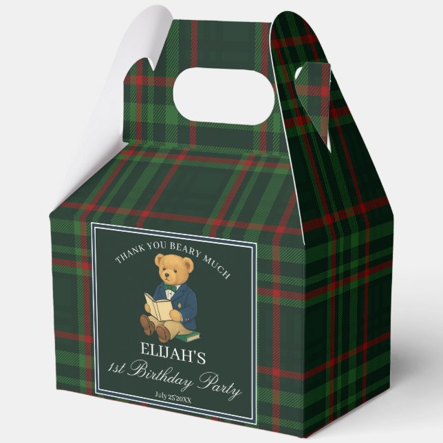 Ballotins Teddy bear party favors green plaid personalized (Recto)