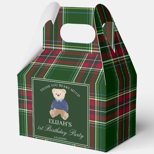 Ballotins Teddy bear party favors green plaid personalized (Recto)