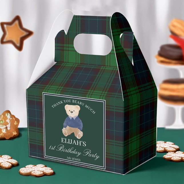 Ballotins Teddy ours vert plaid fête d'anniversaire sur mesu (Polo Teddy bear birthday party favors green plaid personalized favor boxes)
