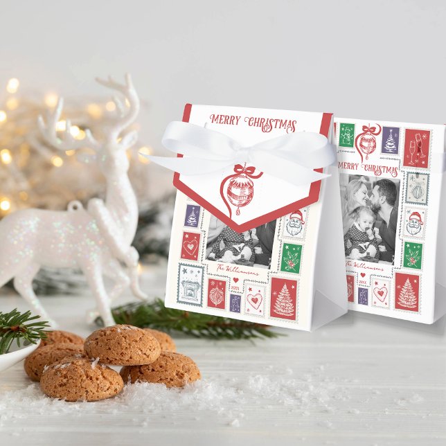 Ballotins Timbre Rétro de Noël avec une touche de nostalgie  (Whimsical Nostalgia Retro Stamp Christmas Party Events Small Business Photo Favor Boxes )