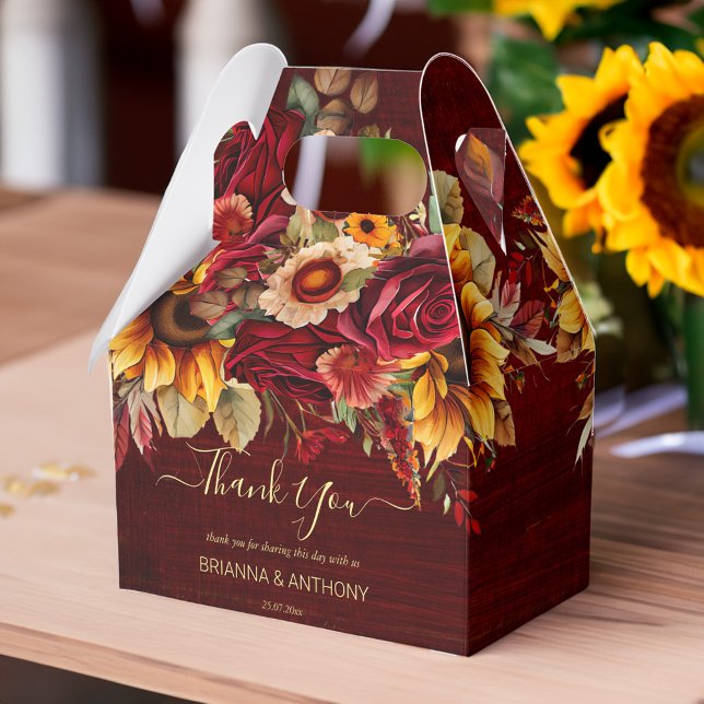Ballotins tournesols rose mariage de automne bordeaux merci (Fall sunflower wedding favors burgundy roses sunflowers personalized thank you favor box)
