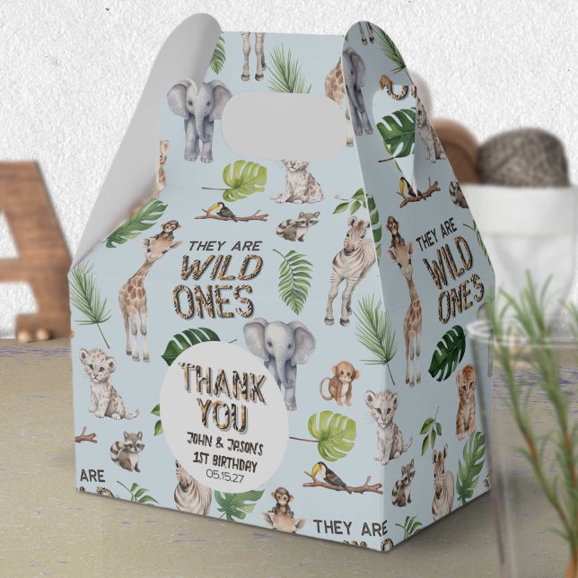 Ballotins Twins Blue Jungle Animaux Thématique 1er anniversa (Twins Blue Jungle Animals Themed, Baby Boys 1st birthday favor box.)