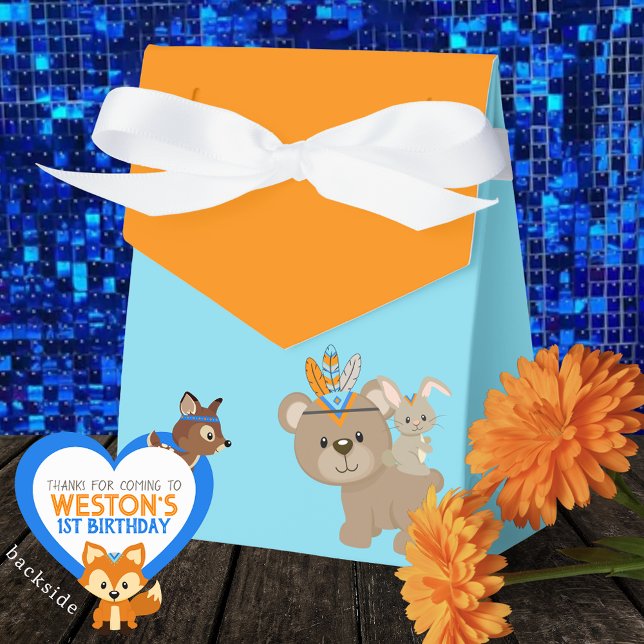 Ballotins Un Ours sauvage Orange & Bleu Traite Ballotin (Personalized Wild One Bear and Bunny Baby Blue & Orange Treat Favor Boxes)