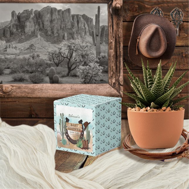 Ballotins Un petit Baby shower Western Boy Cowboy (Rustic Western Boy Baby Shower Square Favor Box -- "A Little Cowboy Is On His Way" Collection)