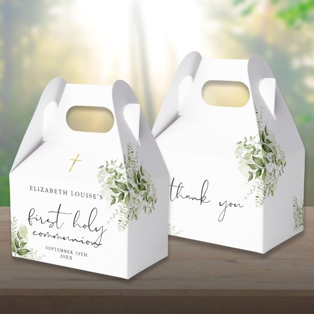 Ballotins Verdure rustique Élégante Première Communion Saint (Rustic Greenery Elegant First Holy Communion Favor Boxes)