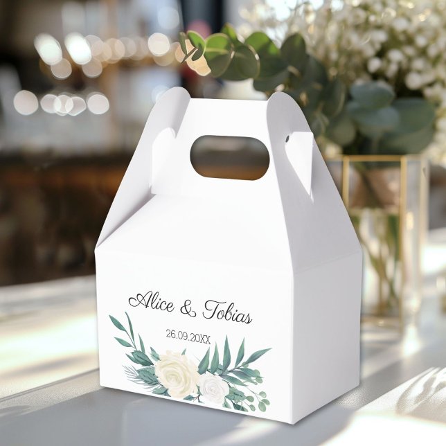 Ballotins Vert & blanc Elégant Mariage Floral (Elegant flowers Green White Favor Boxes with your names and date.)