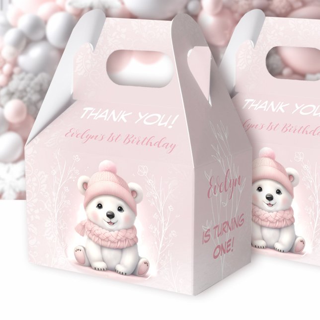 Ballotins Wonderland Pink Polar Bear 1er anniversaire (Winter Onederland Pink Polar Bear 1st Birthday Favor Box)