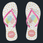 Ballots et tongs de Confetti Or<br><div class="desc">Balloons et doré à l'aspect métallique confetti sur flops arrière - plans blancs. Le texte "HAPPY" peut être personnalisé.</div>