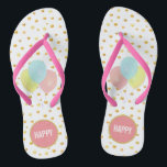 Ballots et tongs de Confetti Or<br><div class="desc">Balloons et doré à l'aspect métallique confetti sur flops arrière - plans blancs. Le texte "HAPPY" peut être personnalisé.</div>