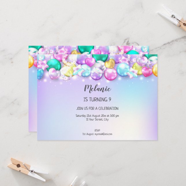 Baloons mignons Invitation fille fête d'anniversai (Devant/Arrière en situation)