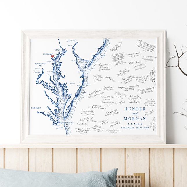 Baltimore Mariage Élégante carte Poster du livre d (Baltimore Maryland Map weddign guest book poster  w/navy blue Chesapeake Bay by Coastal Map Designs)