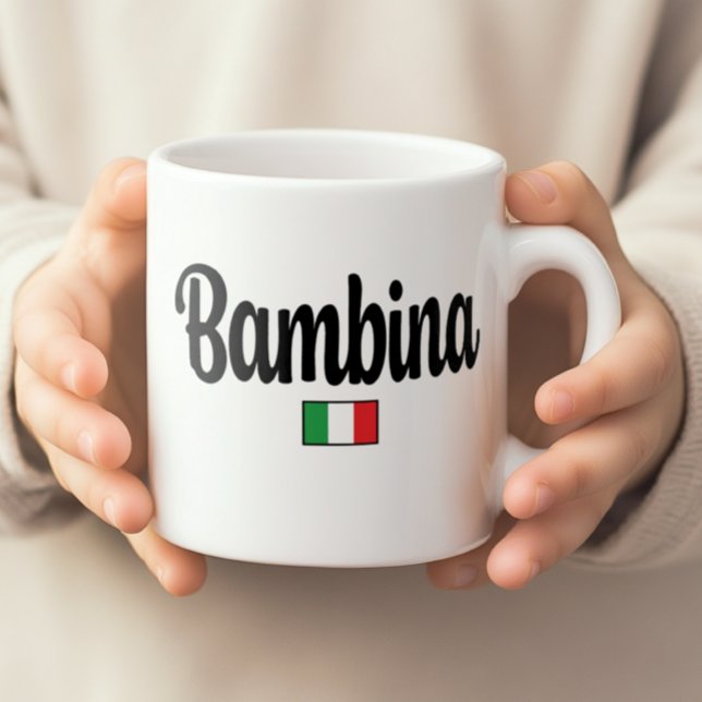 Bambina Italian Flag Mug (Child's hands holding a white Bambina mug with Italian flag. Gift for Mom expecting a girl.)