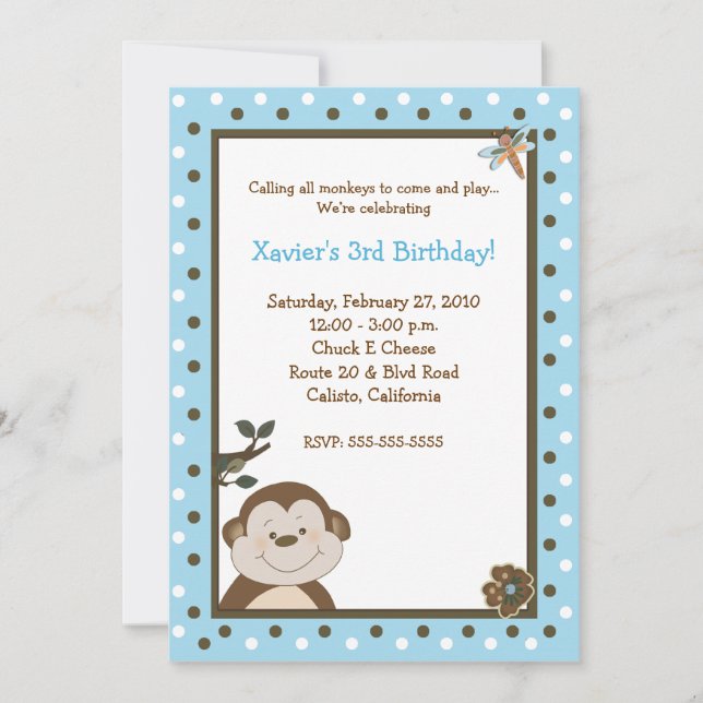 Bambino Singe 5x7 Bleu Invitations d'anniversaire (Devant)
