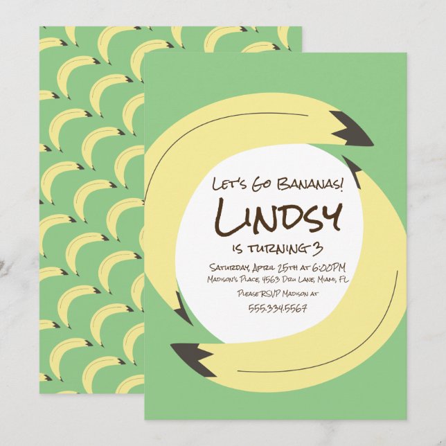 Banana Anniversaire Soirée Vert Jaune Invitation (Devant / Derrière)