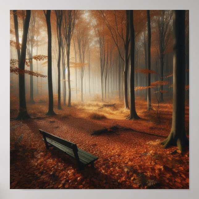 banc de forêt automnale impression sur mur, feuill (Devant)