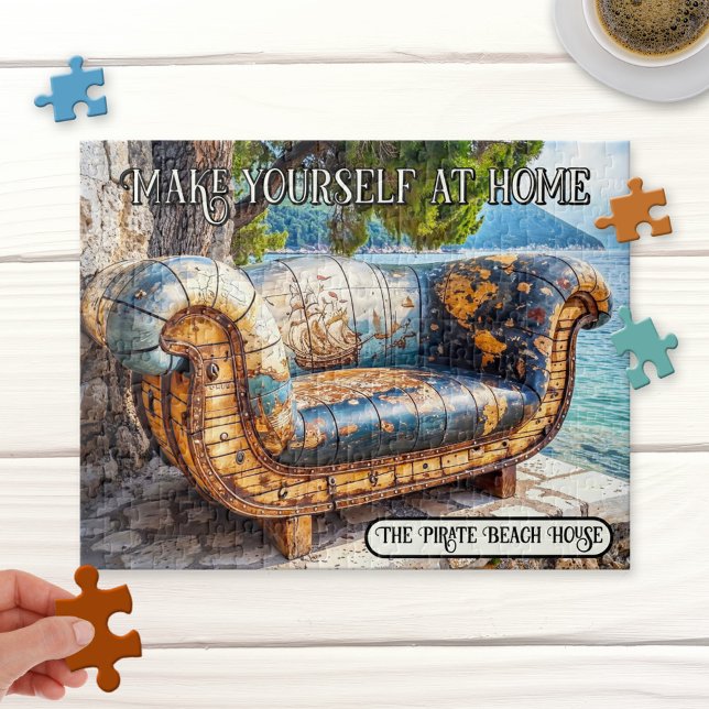 Banc de pirates au puzzle de plage (Puzzle featuring a whimsical illustration of a retro artistic bench with a world map on the beach)
